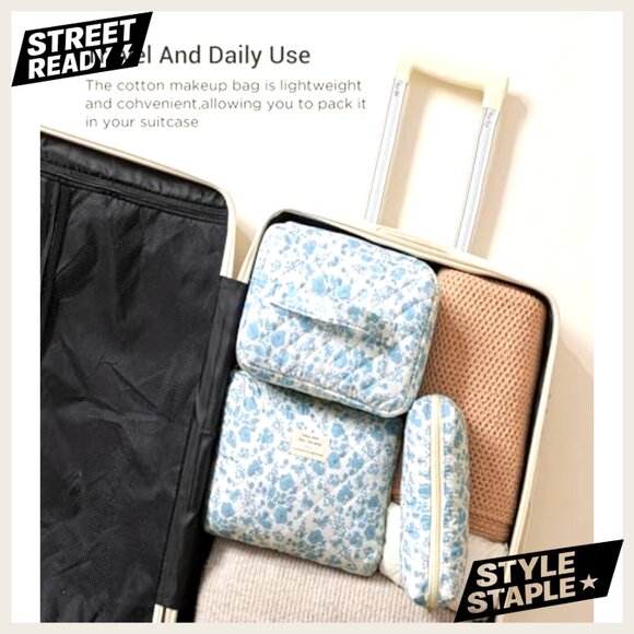 Quilted Cotton Travel Makeup Bag Set 3PCS Large Capacity Cosmetic Organizer - Picture 6 of 6